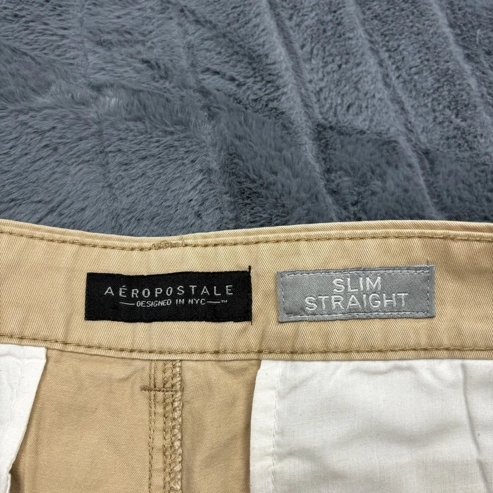 2 Aeropostale Mens Slim Straight Chino Pants Khaki Tan Cotton 33x30 10802